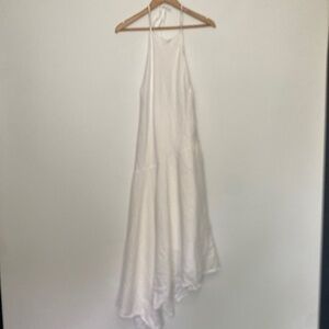 NWT L White Linen Halter Assymetric Hem Maxi Dress